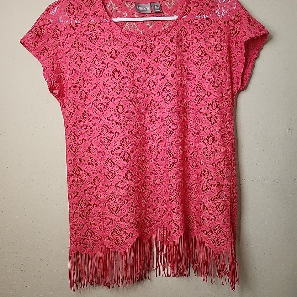Chicos Blouse Size 0  Pink Crochet Fringe Pullover Polyester Blend